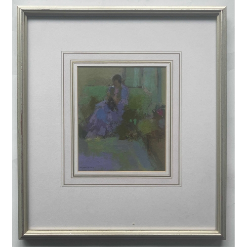 414 - George Kennerley (British, 1908-2009), a lady seated in a purple dress in an interior, signed l.l., ... 