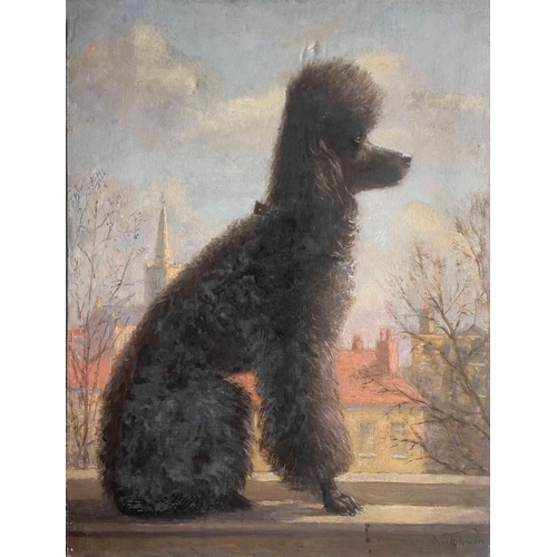 419 - British School, 20th Century, portrait of a seated black standard poodle in profile, church spire be... 