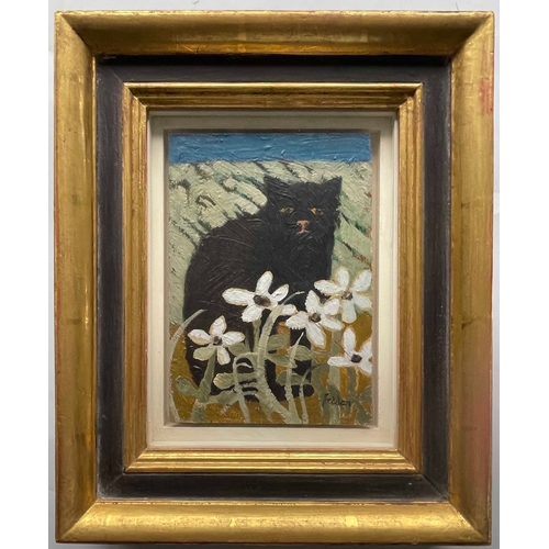 425 - Mary Fedden R.A. (British, 1915-2012), Cat in a Flowerbed, signed l.r., titled verso, oil on board, ... 