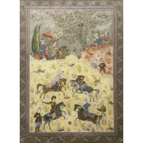 445 - Mughal School, 20th Century, Regal figures playing polo with onlookers, floral scroll border, waterc... 