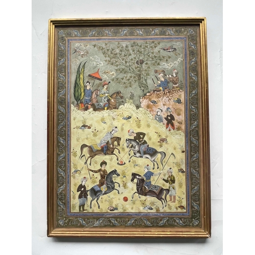 445 - Mughal School, 20th Century, Regal figures playing polo with onlookers, floral scroll border, waterc... 