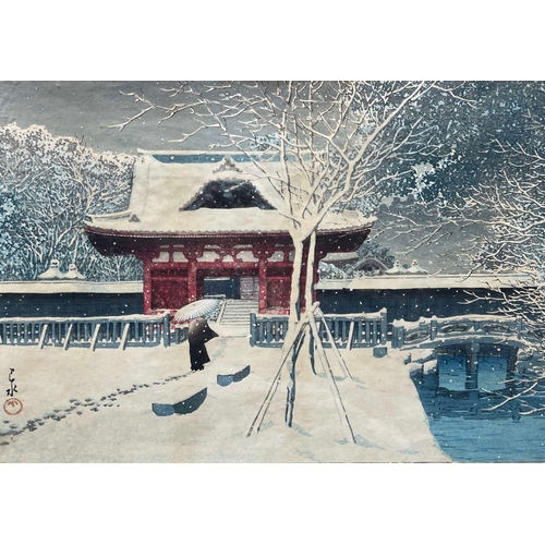 456 - Kawase Hasui (Japanese, 1883-1957), Snow at Shiba Park Tokyo, woodblock, signed l.l., associated red... 