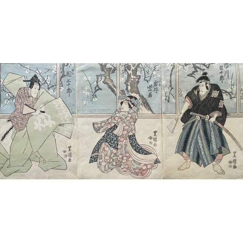 459 - A 19th century Japanese woodblock print, a triptych of samurai warriors, translation key verso, 36 b... 