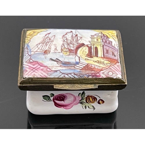 461 - A Bilston enamelled patch box, circa 1785, cuboid form, the cushioned lid decorated with a Claudian ... 