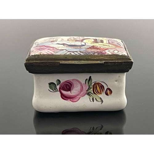 461 - A Bilston enamelled patch box, circa 1785, cuboid form, the cushioned lid decorated with a Claudian ... 