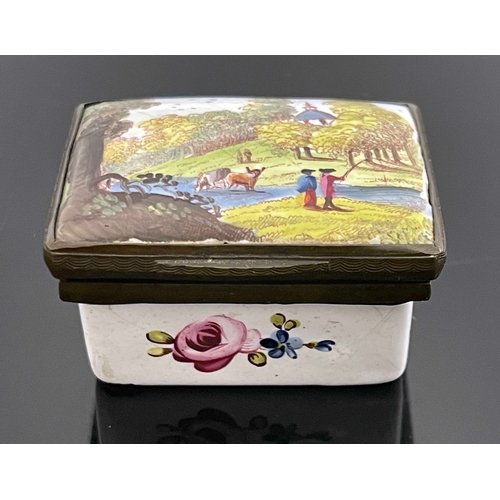 466 - A Bilston enamelled snuff box, circa 1785, cuboid form, the cushioned lid decorated with a Romantic ... 