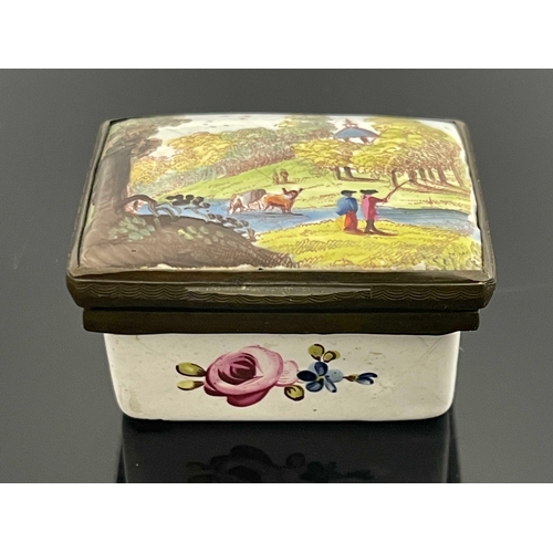 466 - A Bilston enamelled snuff box, circa 1785, cuboid form, the cushioned lid decorated with a Romantic ... 