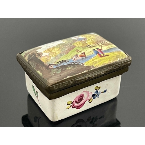 466 - A Bilston enamelled snuff box, circa 1785, cuboid form, the cushioned lid decorated with a Romantic ... 