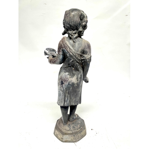 468 - Garden statuary, an 18th Century cast and filled lead figure of a girl, standing holding a dove, 78c... 