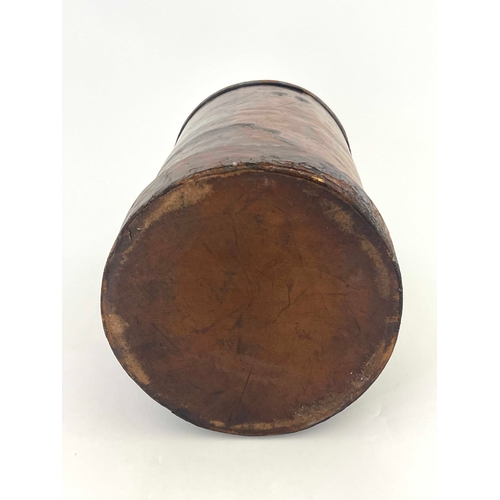 470 - A Victorian leather Cordite bucket, cylindrical form, transfer printed with the Royal coat of arms, ... 