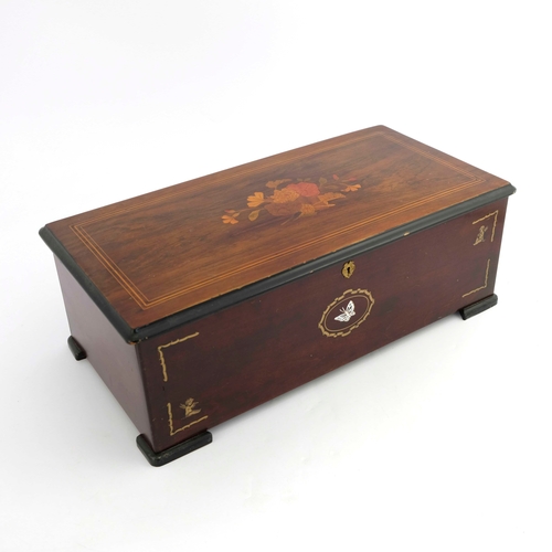 475 - A Swiss table top cylinder musical box, late 19th Century, strung hinged cover with marquetry centra... 