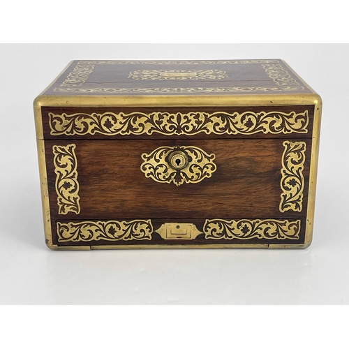 476 - A Victorian rosewood and gilt brass inlaid vanity box/travelling case, morocco lined interior with t... 