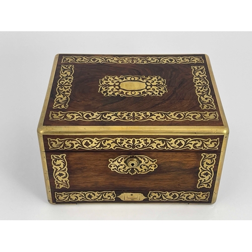 476 - A Victorian rosewood and gilt brass inlaid vanity box/travelling case, morocco lined interior with t... 