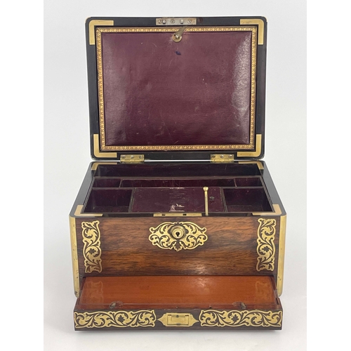 476 - A Victorian rosewood and gilt brass inlaid vanity box/travelling case, morocco lined interior with t... 