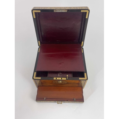 476 - A Victorian rosewood and gilt brass inlaid vanity box/travelling case, morocco lined interior with t... 