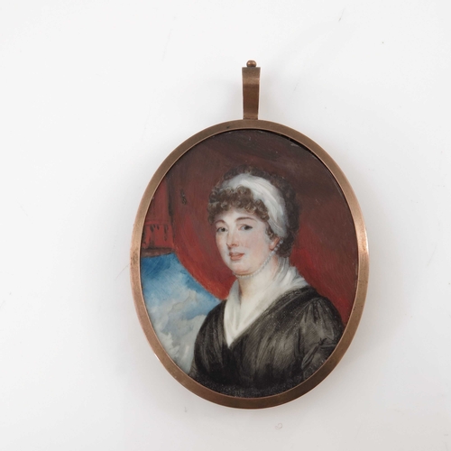 482 - A 19th century portrait miniature of Mrs Skirrow, Nee Walker, oval with red curtain, wearing a head ... 