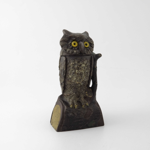 488 - An American wise old owl cast iron mechanical money bank, J. & E. Stevens Co, circa 1890, modelled a... 