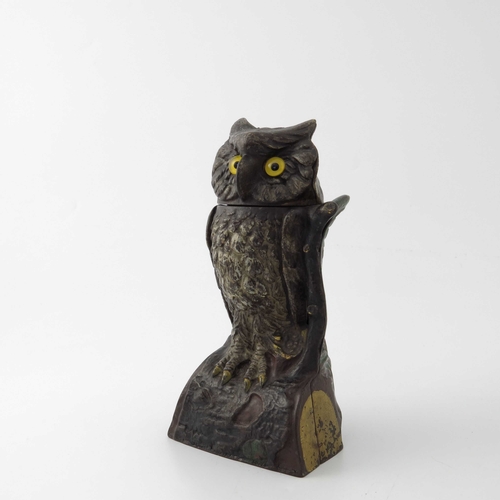 488 - An American wise old owl cast iron mechanical money bank, J. & E. Stevens Co, circa 1890, modelled a... 