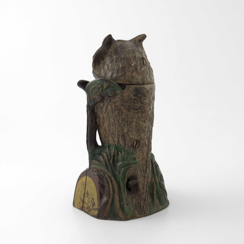 488 - An American wise old owl cast iron mechanical money bank, J. & E. Stevens Co, circa 1890, modelled a... 