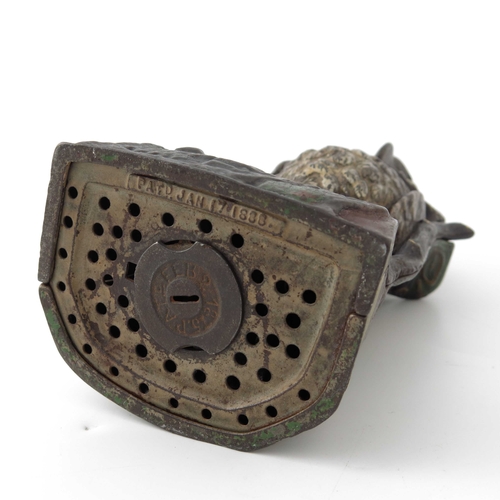 488 - An American wise old owl cast iron mechanical money bank, J. & E. Stevens Co, circa 1890, modelled a... 