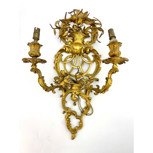 490 - A pair French gilt ormolu double branch wall sconces, 19th Century, of openwork Rococo Revival desig... 