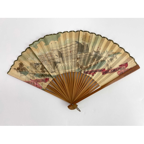 493 - American Philadelphia Exhibition International Horticultural Hall 1776 - 1876, printed fan, double p... 