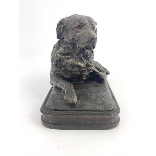 498 - Emmanuel Fremiet (French, 1824-1910), recumbent dog, signed, bronze, 15 by 25cm