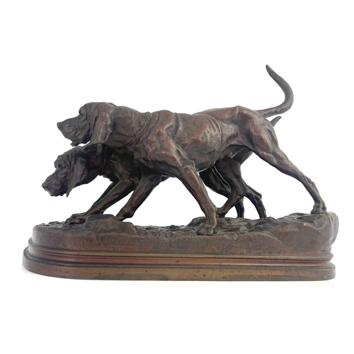 502 - Alfred Dubucand (French, 1828-1894), two Bloodhounds on the scent, signed, bronze, 23cm high, 28cm w... 