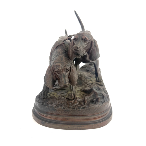 502 - Alfred Dubucand (French, 1828-1894), two Bloodhounds on the scent, signed, bronze, 23cm high, 28cm w... 