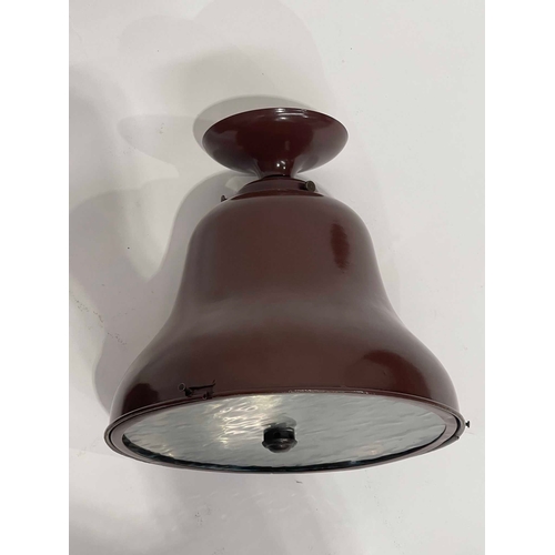 507 - A large pair of Industrial style pendant light fittings, circa 1930s, brown painted bell form with g... 