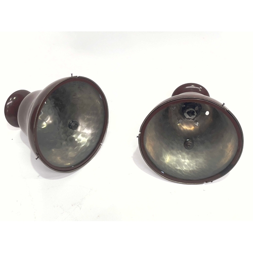 507 - A large pair of Industrial style pendant light fittings, circa 1930s, brown painted bell form with g... 