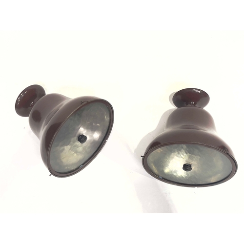 507 - A large pair of Industrial style pendant light fittings, circa 1930s, brown painted bell form with g... 