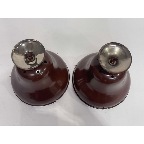 507 - A large pair of Industrial style pendant light fittings, circa 1930s, brown painted bell form with g... 