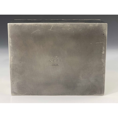 527 - Liberty and Co., an Arts and Crafts Tudric pewter and enamelled casket, model 0851, cushioned cuboid... 