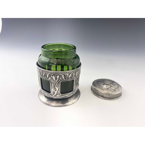 530 - Rex Silver for Liberty and Co., a Tudric Arts and Crafts pewter and green glass tea caddy, model 086... 