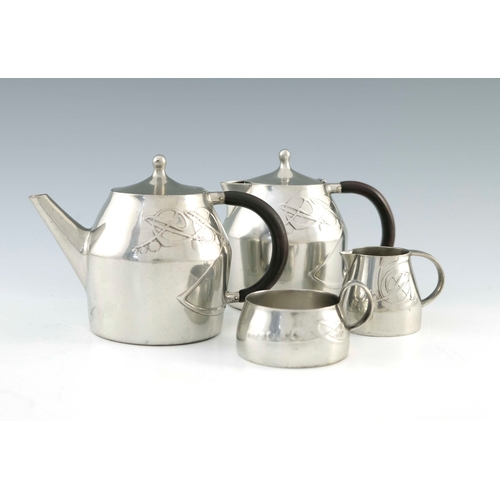 535 - Archibald Knox for Liberty and Co., a Tudric Arts and Crafts pewter four piece tea set, model 0374, ... 