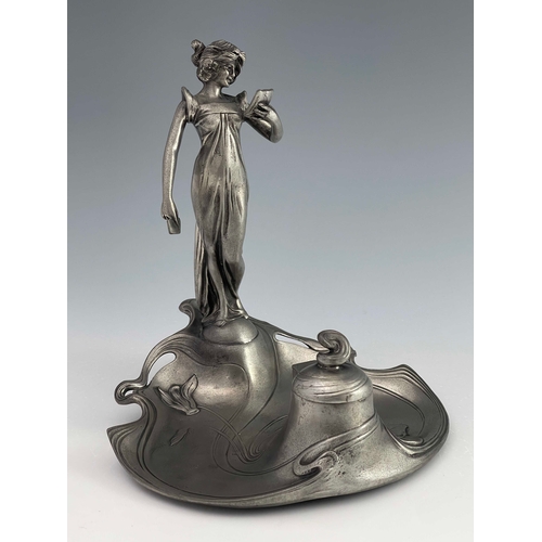 540 - Achille Gamba, a Jugendstil pewter inkwell, in the Art Nouveau style, circa 1910, modelled with a wo... 