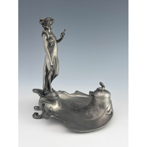 540 - Achille Gamba, a Jugendstil pewter inkwell, in the Art Nouveau style, circa 1910, modelled with a wo... 