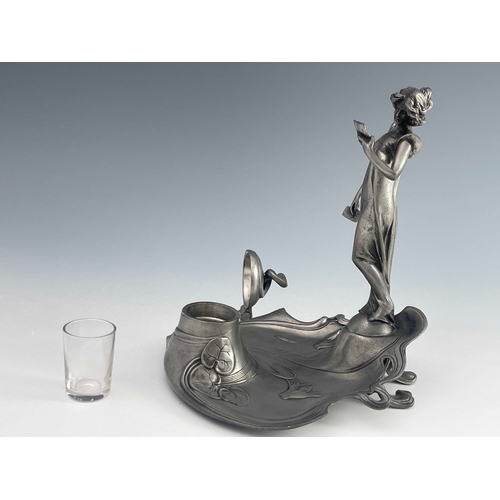 540 - Achille Gamba, a Jugendstil pewter inkwell, in the Art Nouveau style, circa 1910, modelled with a wo... 