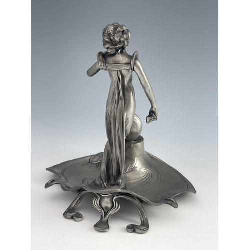 540 - Achille Gamba, a Jugendstil pewter inkwell, in the Art Nouveau style, circa 1910, modelled with a wo... 