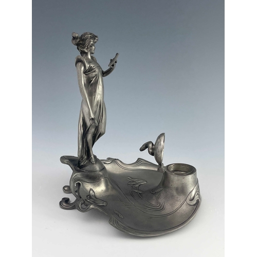 540 - Achille Gamba, a Jugendstil pewter inkwell, in the Art Nouveau style, circa 1910, modelled with a wo... 