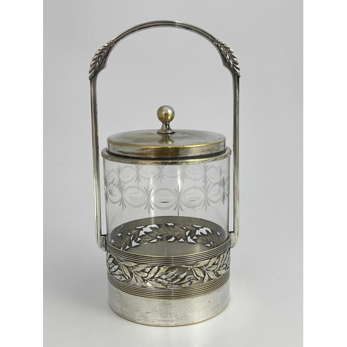 542 - WMF, a Jugendstil silver plated and cut glass biscuit barrel, the cylindrical vessel with band of le... 