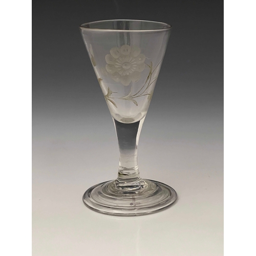 582 - A Jacobite wine glass, circa 1745, the conical bow engraved with a ten petal rose and bumble bee, on... 