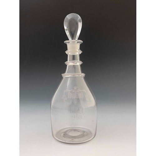 605 - A George III etched glass three ring neck decanter, circa 1780, barrel form with lozenge stopper, en... 