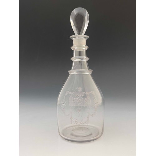 605 - A George III etched glass three ring neck decanter, circa 1780, barrel form with lozenge stopper, en... 