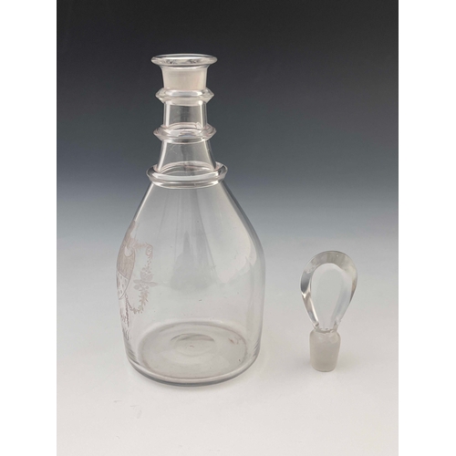 605 - A George III etched glass three ring neck decanter, circa 1780, barrel form with lozenge stopper, en... 