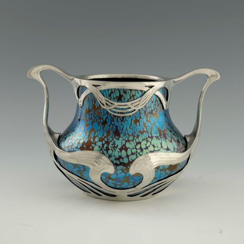 613 - Loetz, a Secessionist Rubin Papillon glass and pewter mounted twin handled vase, the iridescent spec... 