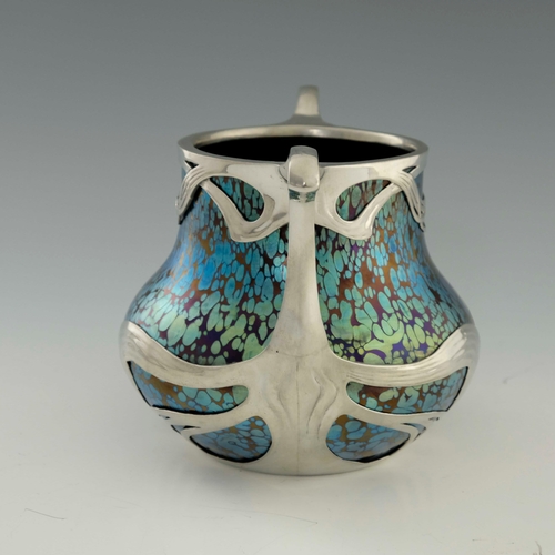 613 - Loetz, a Secessionist Rubin Papillon glass and pewter mounted twin handled vase, the iridescent spec... 