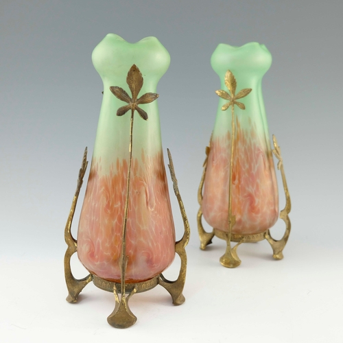 614 - Josef Rindskopf, a pair of gilt metal mounted Secessionist glass vases, lobed conical gourd form gre... 