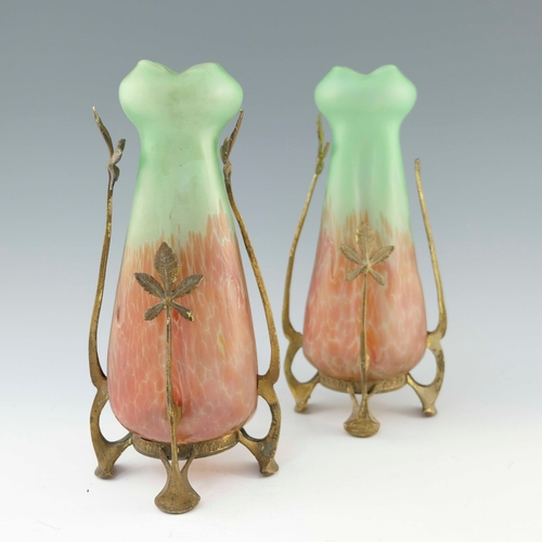 614 - Josef Rindskopf, a pair of gilt metal mounted Secessionist glass vases, lobed conical gourd form gre... 